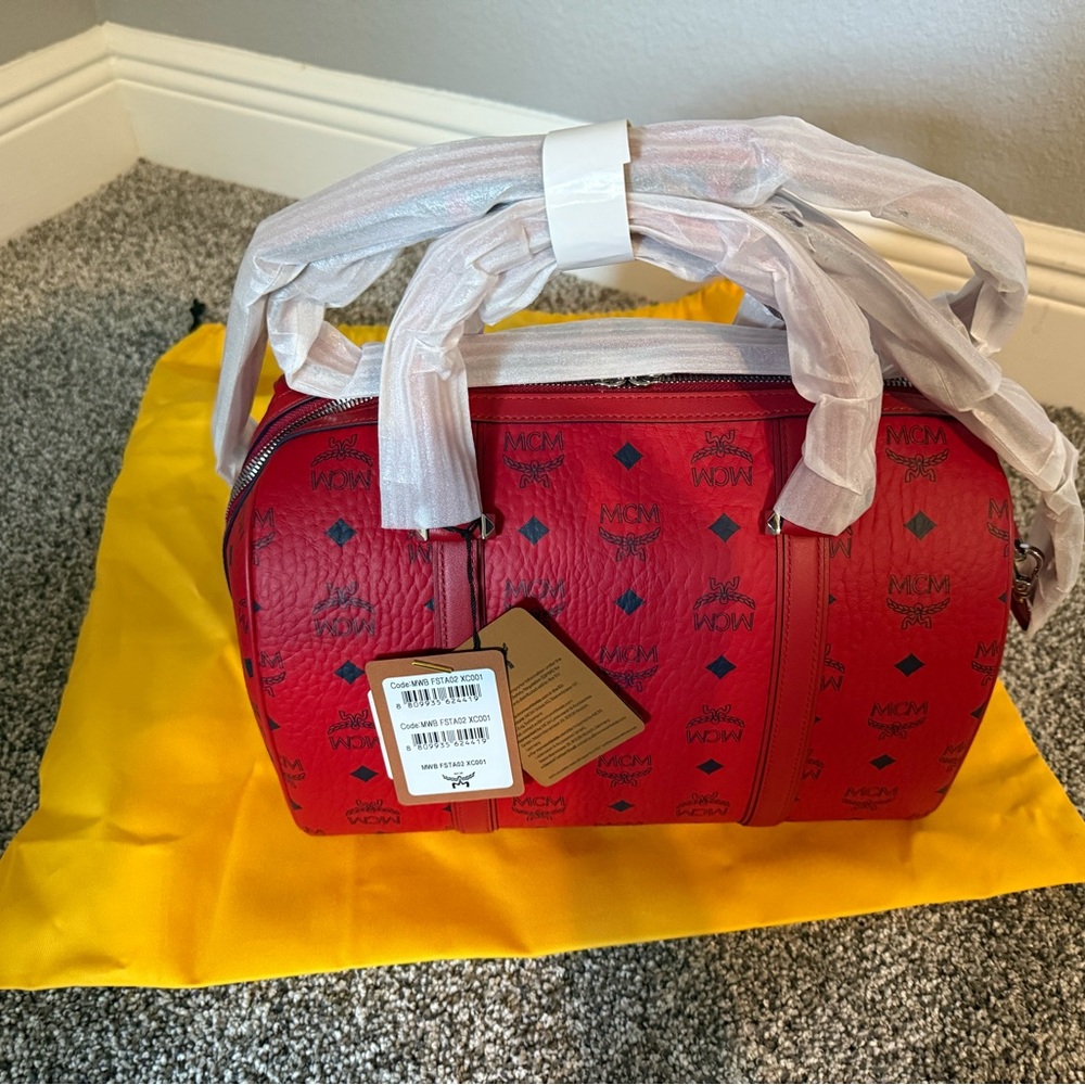 MCM Red Satchel Bag with Monogram
